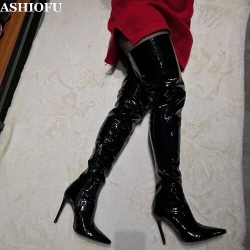 ASHIOFU Handmade Real Pictures Womens Sexy Over Knee Boots Patent Leather Party Prom Thigh High Boots Evening Fahshion Boots