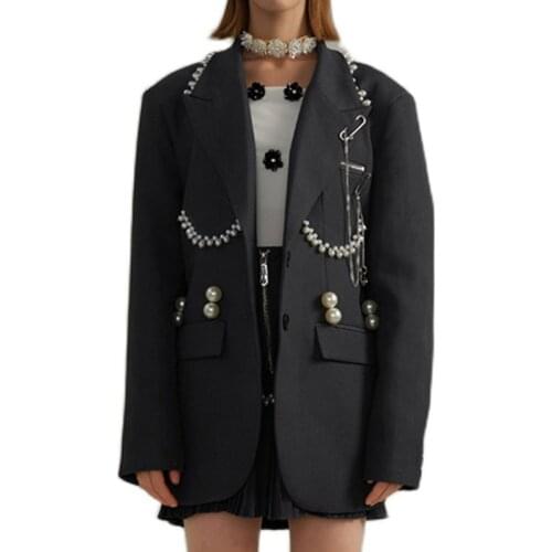 Women High Street Blazer Pearls Chain Spring Autumn Loose Suits 2021