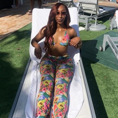 Imcute Floral Print 2 Pieces Women Suit 2021 New Sexy Off Shoulder Halter Lace-up Bras High Waist Long Flared Pants Bottoms