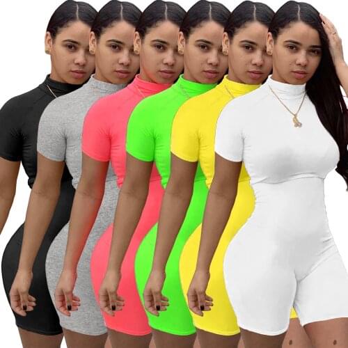 Women Sport Solid Color Short Sleeve Stand Neck Bodycon Skinny Playsuit Sexy Short Black White Jumpsuit Bodysuit Romper Overall