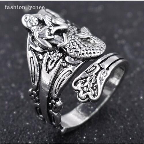 Fashion lychee Silver Color Mermaid Flower Finger Ring For Women Unique Design Adjustable Size Rings Jewelry Gift