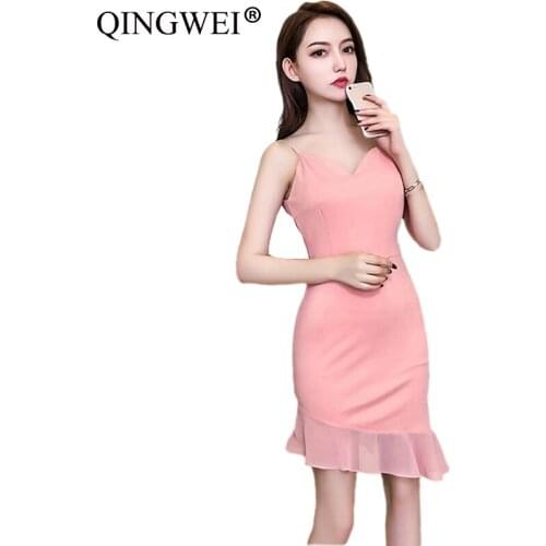 Real shot 2018 summer new temperament women dress sexy low-cut sling Slim was thin irregular bag hip Party dress