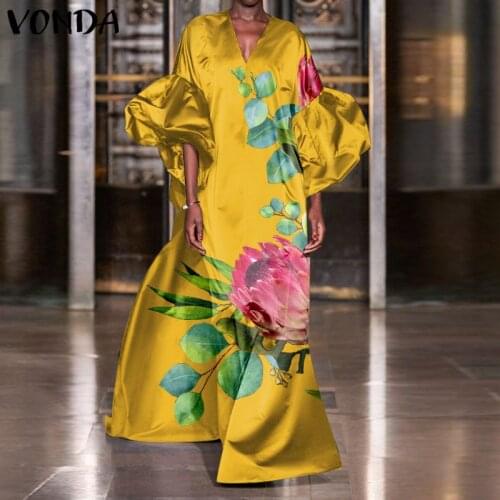 Women Party Dress 2021 VONDA Spring Vintage Puff Sleeves Floral Print Party Dress Satin Slik Vestidos Holiday Beach Sundress