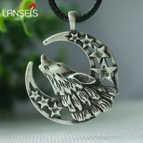 1pcs Celestial Howling Wolf Moon Cord Necklace, Unisex Wolf pendant men necklace