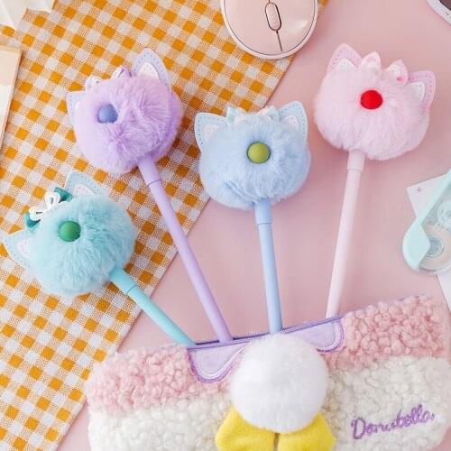 12 Pcs Creative Gel Pen Cute Plush Bow Gel Pen 0.5mm Black Ink Pen Pen Stationery Wholesale Office Accessories