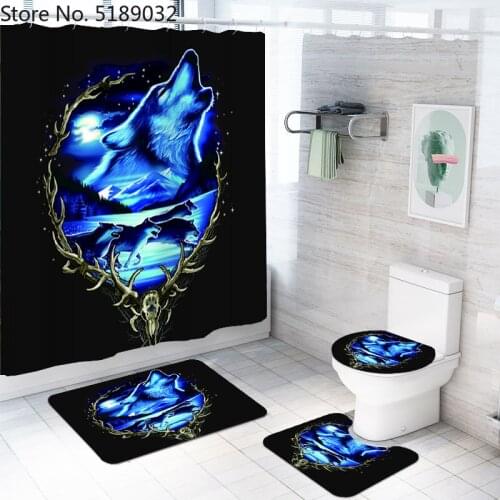 4 Piece Wolf Print Bathroom Set with Non-Slip Bath Rug Toilet Lid Cover Floor Mat Custom Waterpoof Shower Curtains with 12 Hooks