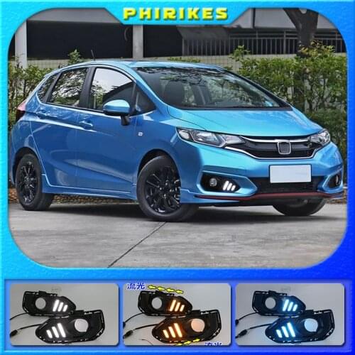 Car LED Daytime Running Lights for Honda Jazz fit 2018 DRL Fog lamp driving lights with Yellow turning signal lights