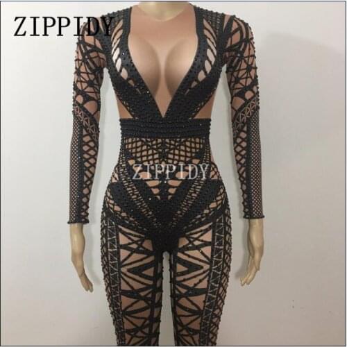 Shining Black Jumpsuit Costume One-piece Nightclub Dance Bandage skinny Printed Outfit Party Stage Celebrate Wear