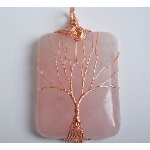 Tree of Life -Copper Wire Wrap Women Jewelry For Necklace Natural Pink Crystal Bead Rectangle Pendant 1Pcs K2036