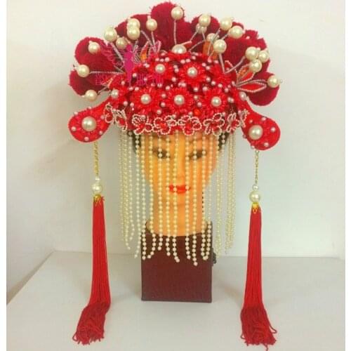 Red Traditional Chinese Wedding Hair Tiaras for Bride Feng Guan Xia Pi for Photo House or Performance Headwear for Women