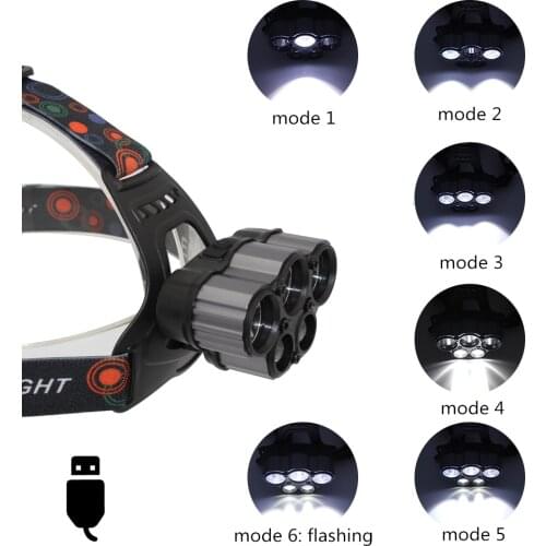 15000Lm 3 XML T6 + 2 Q5 LED 6 Modes LED Headlight Headlamp 18650 Head Lamp for Hunting Camping Hiking + USB Cable