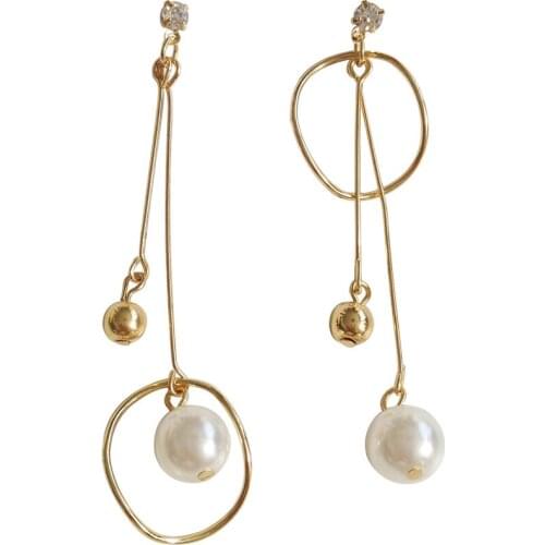 Creative Imitation Pearl Asymmetric Earrings Womens Metal Rhinestone Long Round Earrings Valentines Day Gift