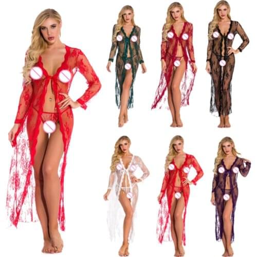 Women Erotic Long Sleeve Floral Lace See Through Nightgown G-String Sleepwear Set lace hot sexy and attractive great gifts