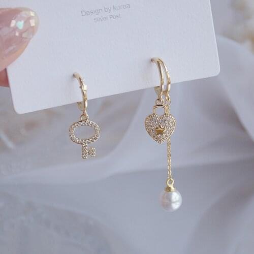 Shiny Side New Accessories Crystal Heart Dangle Earrings for Women Fashion Jewelry Simple Style Pearl Key Drop Earrings