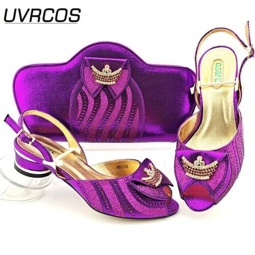 New Arrival 2021 Summer African Purple Color Italian Design MedHeels Wedding Women Shoes and Bag Set With Rhinestone Decoration