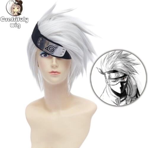 NARUTO Hatake Kakashi Silver White Short Cosplay Wig Synthetic Hair Perucas Halloween Costume Party Play Wigs + Wig Cap