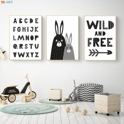 Bunny Rabbit Alphabet Quotes Posters and Prints Cartoon Canvas Painting Black and White Wall Art Nursery Decoration Pictures