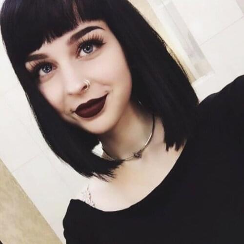 Straight Black Synthetic Wigs With Bangs For Women Medium Length Hair Bob Wig Heat Resistant Bobo Hairstyle Cosplay Wigs