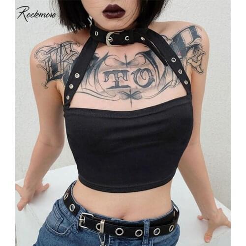 Rockmore Black Gothic Halter Buckle Tank Top Women Punk Style Cotton Suspender Backless Vest Crop Tops Femme Streetwear Clubwear