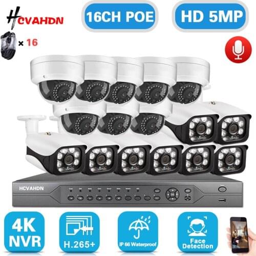 H.265 16CH POE 5MP NVR System 16pcs 48V 5MP 2560*1440 Security Outdoor Onvif POE IP Camera 16CH CCTV Video Surveillance kit 4K