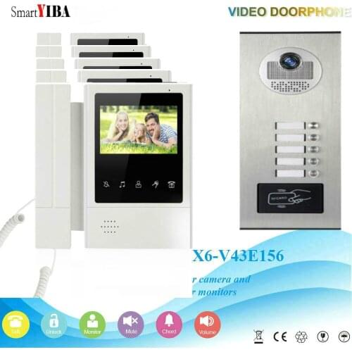 SmartYIBA Video Door Phone Intercom 4.3"Inch Video Doorbell Door Intercom RFID Outdoor Unit Access Control 1 Camera 5 Monitor