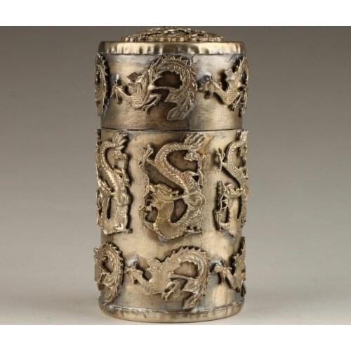 Vintage Collection Handmade Unique Tibetan Silver Dragon Phoenix Toothpick Box