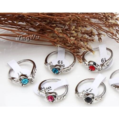 Yingwu 50Pcs Wholesale Lot Jewelry Bulk Mixed Silver Plated Fashion Heart Rhinestone Rings