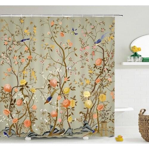 Flower Bird Luxury Chinese Style Shower Curtain Waterproof Bathroom Polyester Fabric Curtains Printed Bath Screen Mat Elegant