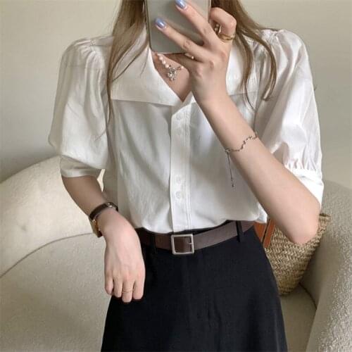 Single Breasted Summer Shirts Women Turn Down Collar Short Sleeve Korean Shirt Tops Blue White Elegant Office Lady Streetwear