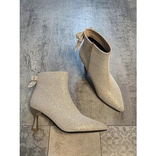 Womens shoes ankle boots 2020 autumn new bow fashion casual flashing diamond stiletto high heels