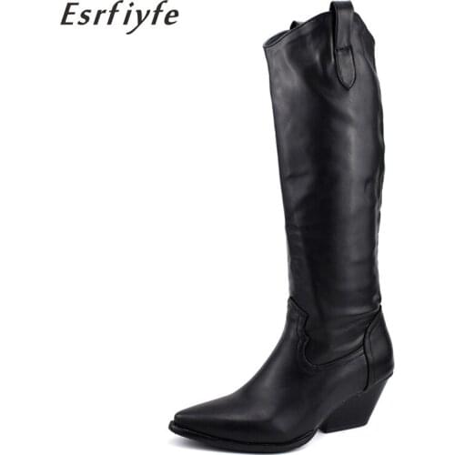 ESRFIYFE 2020 New Fashion Pu Leather Women Knee High Boots Pointed Toe Western Cowboy Boots Women Chunky Wedges Boots Runway