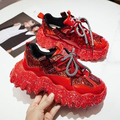 Women Sneakers 2020 New Glitter Red Platform Sneakers Women Shoes Chunky Sneakers Lace Up Designer Dad Sneakers Basket Femme