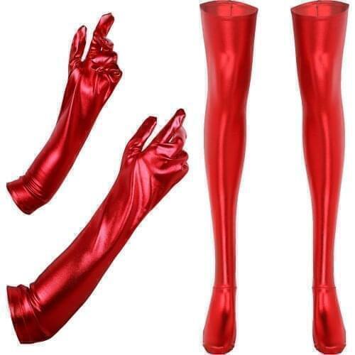 Women Sexy Pole Dance Costumes Shiny Metallic Leather Lingerie Latex Long Gloves with Long Stockings Set Party Cosplay Accessory
