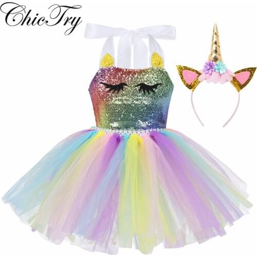 Girls Colorful Halter Neck Shiny Sequins Cartoon Mesh Tutu Dress with Hair Hoop Set for Carnival Cosplay Party Costume Dress Up
