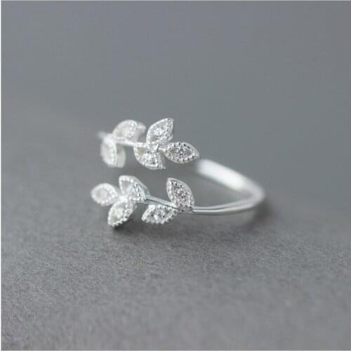 Personality 925 Sterling Silver Crystal Leaf Rings For Women Girl Wedding Jewelry Gift Adjustable Antique Finger Ring Anillos