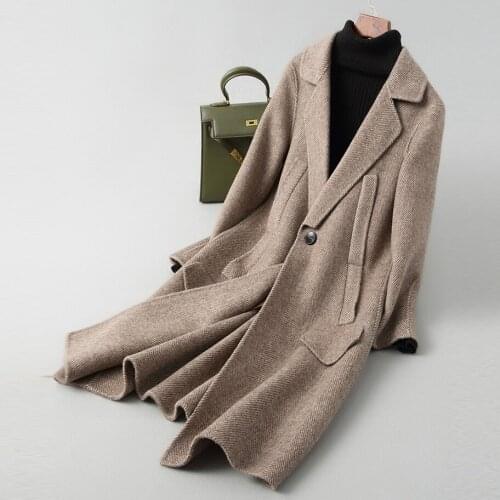 New Pop Real Wool Coat Women Spring Autumn Vintage Casual Solid Ladies Long Jacket Coat Elegant Women Coats A036