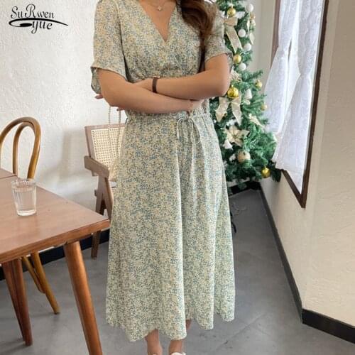 Summer Short Sleeve Printed Midi Dress Elegant Floral Chiffon Dress Women Plus Size Lace Up V Neck Dresses For Women 2021 15230