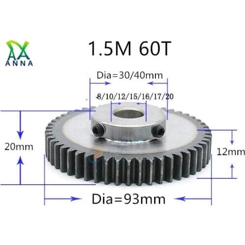 1.5M 60T 1.5 mod gear rack 60teeth Tooth quenching Spur Gear pinion bore 8-20mm spur gear precision 45 steel cnc pinion