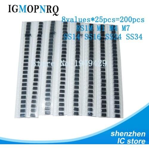 200PCS 8values M1 M4 M7 SS14 SS16 SS24 SS34 RS1M electronic components assorted diode set package 1N4001 1N4007 1N5819 DO-214AC