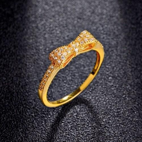 2016 Brand Real Zirconia yellow gold Color Micro Inlays Simple Bowknot Rings for Women Anti Allergies 103213