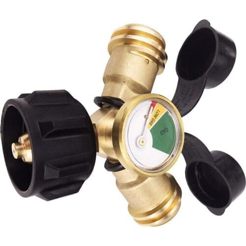 Propane Y-distributor Propane Tank Adapter QCC1 Distributor Two-way LPG Adapter T-Type Joint, with Gauge Barbecue Camping Stove