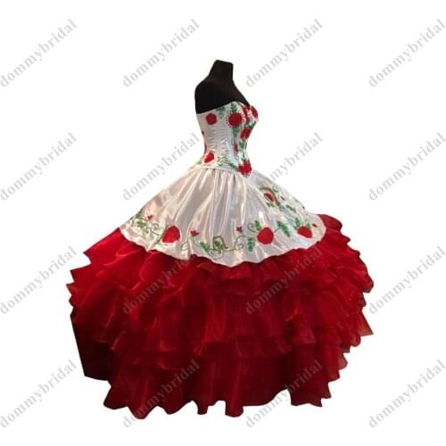 Vestido De 15 Anos XV Ball Gown Red and White Strapless Quinceanera Homecoming Dresses 2022 Long Satin Flower Embroidery Cheap