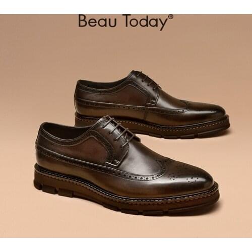 Brogues Men Calfskin Leather Round Toe Formal Lace-Up Classic Business Gentlemen Platform Shoes Handmade BeauToday 55506