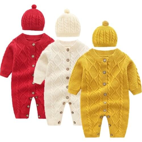 Baby Rompers Knitted Newborn Boy Jumpsuit With Hat Outfits Long Sleeve Autumn Infant Girl Overalls Winter Warm Children Wear