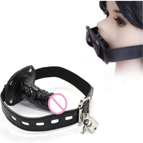 PU Leather BDSM Restraint Bondage Strap on Silicone Dildo Gag Open Mouth Plug Penis Oral Gag With Locking Buckles Toy For Couple