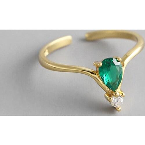 Real 925 sterling silver waterdrop green crystal rings for women fine jewelry, sweet gold color wedding ring woman girl gifts