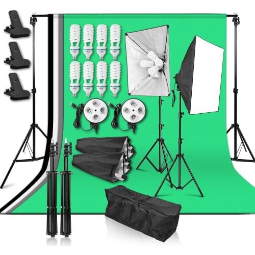 Photo Studio Lighting Kit 2x2m Background Support System 4Color Backdrop 50*70cm Softbox 135W/25W Lamp Photographic Lighting Kit