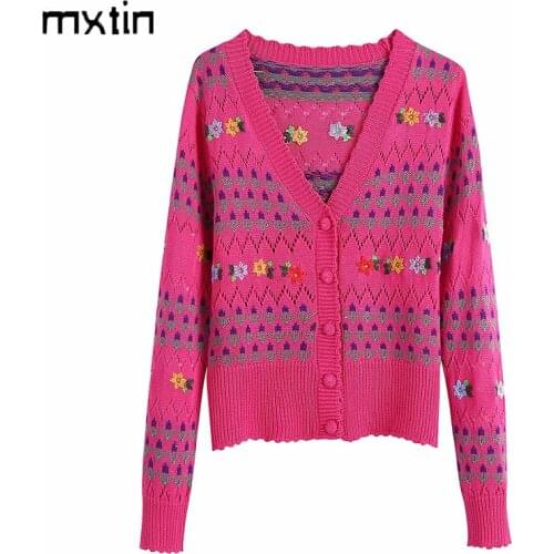 MXTIN 2021 Women Spring Vintage Floral Embroidery Cardigan Knitted Sweater Fashion V Neck Long Sleeve Outwear Casual Tops