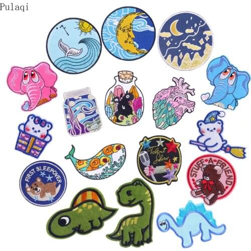 Pulaqi Dinosaur Cat Patches For Clothing Stripe Iron On Van Gogh Embroidered Patches For Clothes Cartoon Patch For Kids Jacket