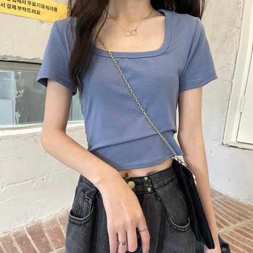 Pure Color Cotton T-Shirt 2021 New Summer Short Slim Short-Sleeved Square Collar Top Hot Girl Style Ins Tide
